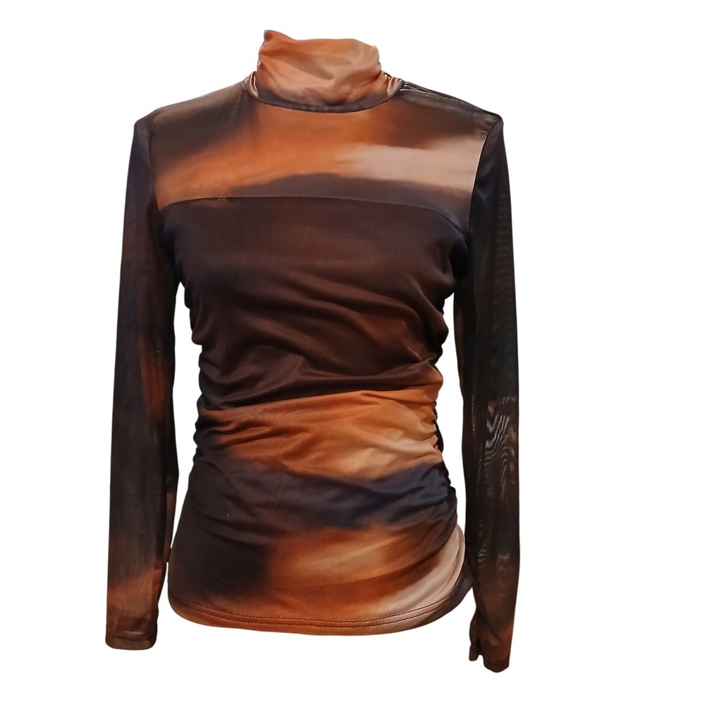 Zeagoo Large Mock Neck Mesh Top Brown Orange Abstract Ruched Long Sleeve Grunge